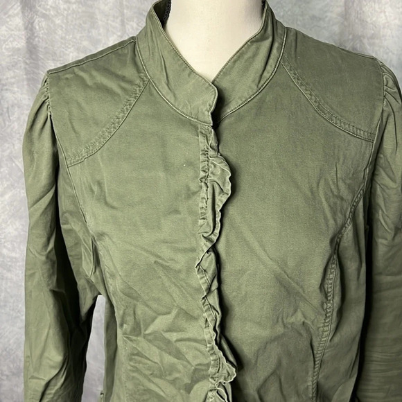 Pure Energy Olive Green Ruffled Crop Jacket with Peekaboo Floral Fabric - size 2 - Picture 2 of 15